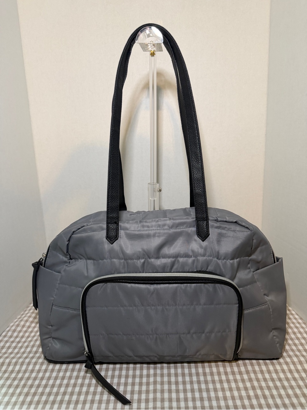 Quilted Nylon Large Gym or Travel Bag, Grey, Zip Pocket, Black Shoulder Straps